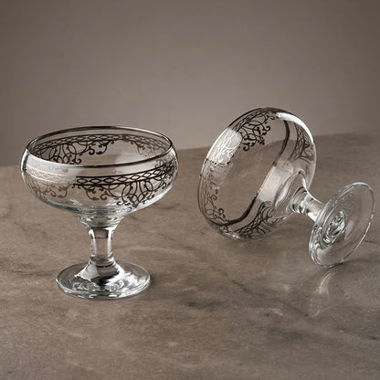 Silver Scrollwork Footed Glass Dessert Bowls (Set of 6) - Mawaeen