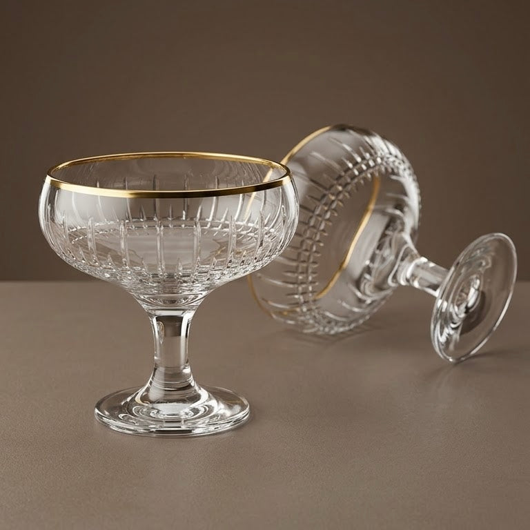 Gold-Rimmed Ribbed Glass Dessert & Ice Cream Bowls (Set of 6) - Mawaeen