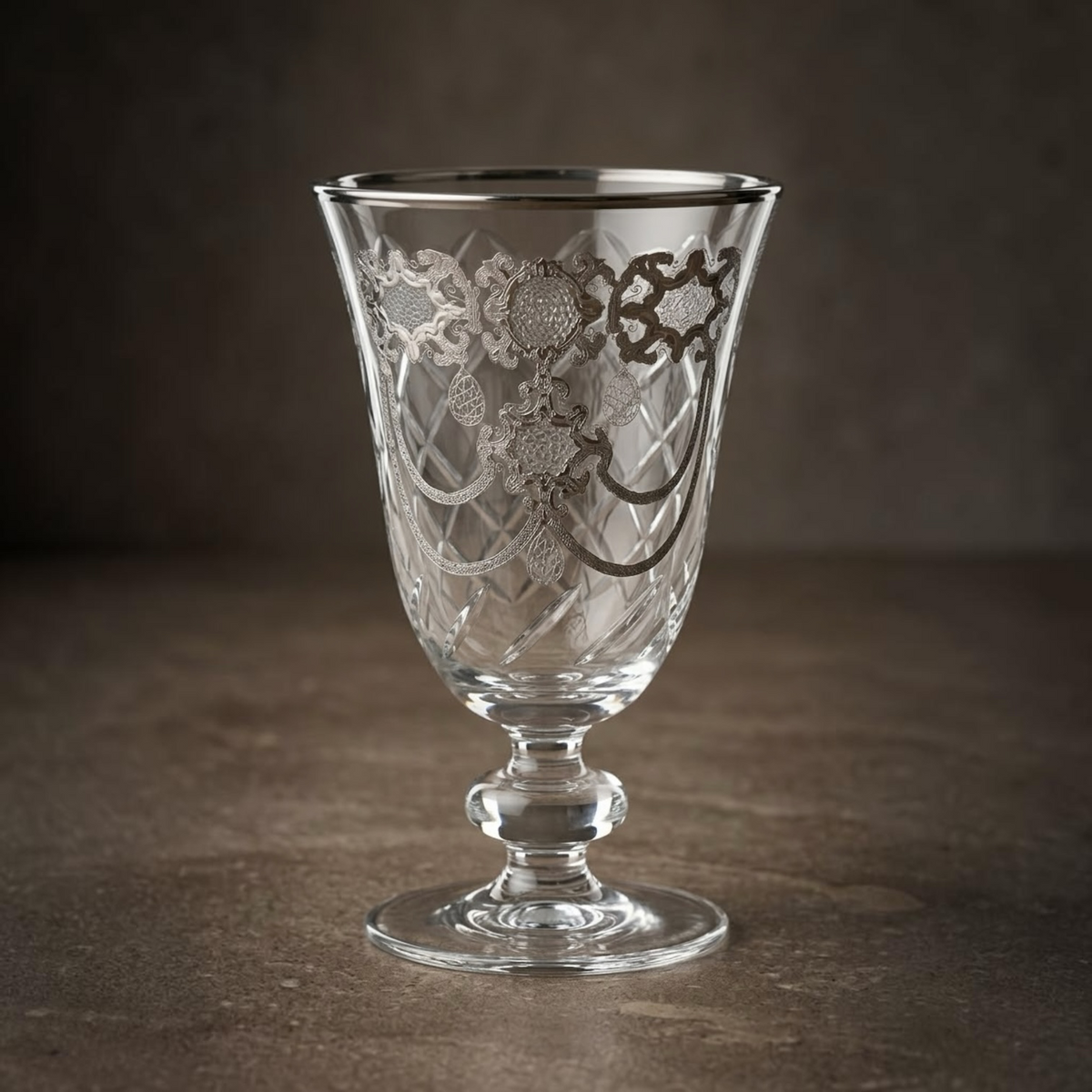 Diamond-Lattice Cut Glass Goblets with Platinum Silver Baroque Accents (Set of 6) - Mawaeen