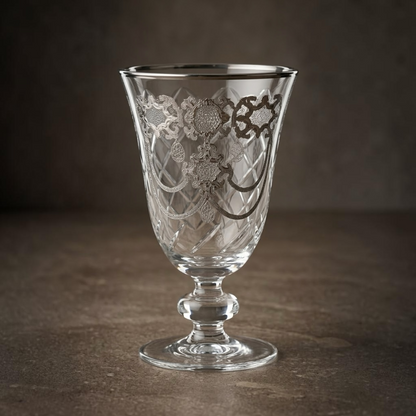 Diamond-Lattice Cut Glass Goblets with Platinum Silver Baroque Accents (Set of 6) - Mawaeen