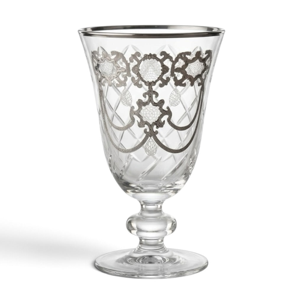 Diamond-Lattice Cut Glass Goblets with Platinum Silver Baroque Accents (Set of 6) - Mawaeen
