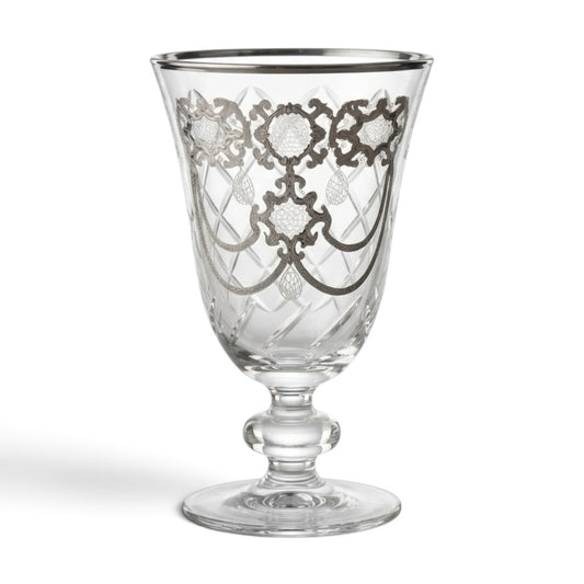 Diamond-Lattice Cut Glass Goblets with Platinum Silver Baroque Accents (Set of 6) - Mawaeen