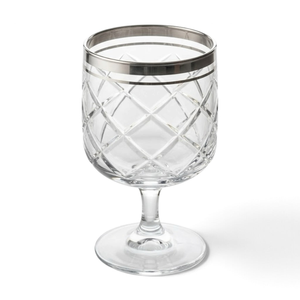 Diamond-Cut Stemmed Water & Juice Goblets with Silver Rim (Set of 6) - Mawaeen
