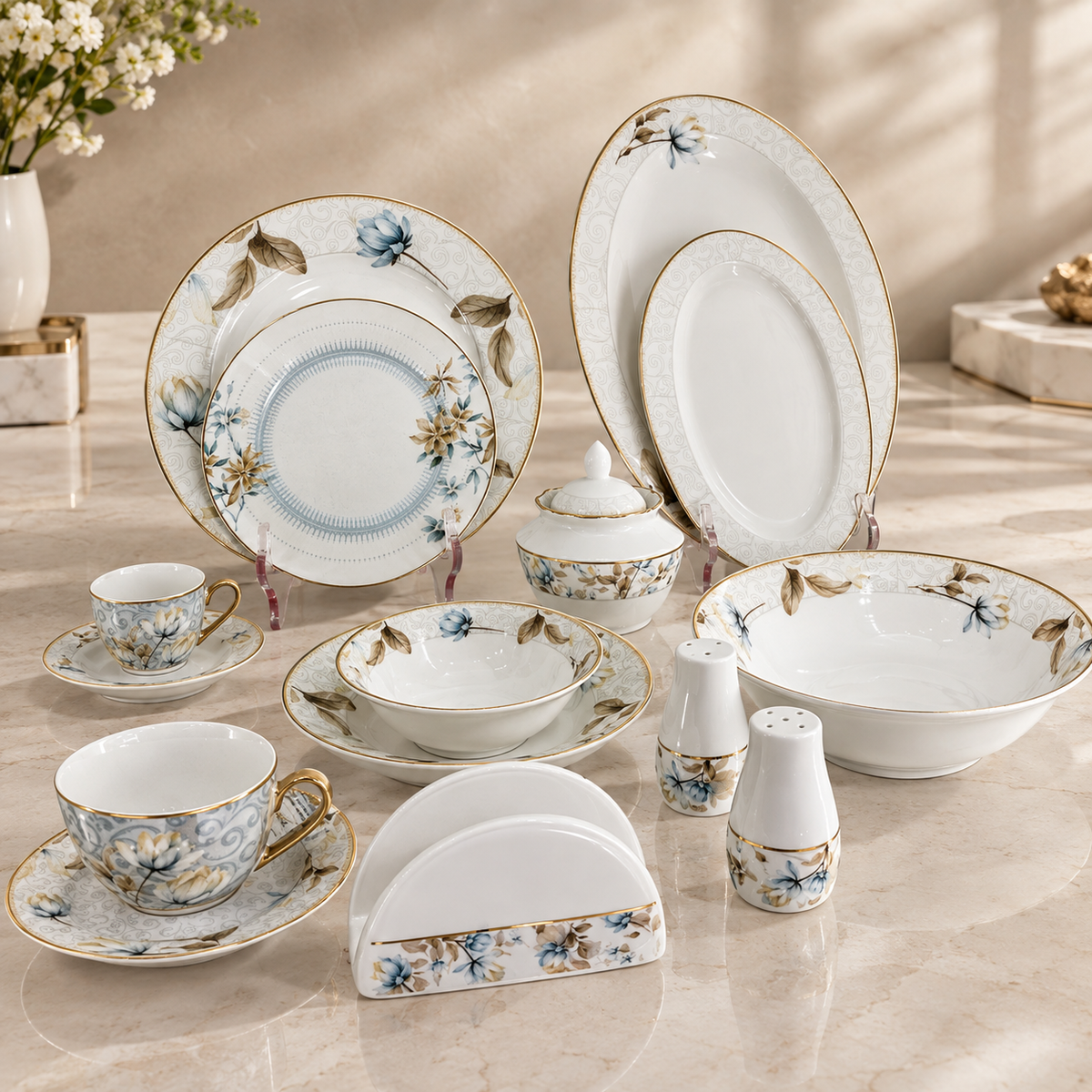 Luxury 57-Piece Porcelain Dinnerware Set for 6 Persons – Blue Botanical Floral Design with Gilded Gold Rim - Mawaeen