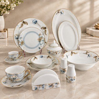 Luxury 57-Piece Porcelain Dinnerware Set for 6 Persons – Blue Botanical Floral Design with Gilded Gold Rim - Mawaeen