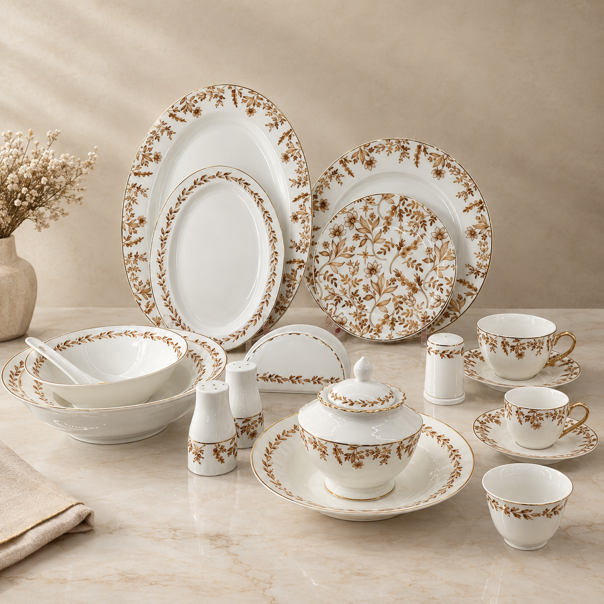 Luxury 71-Piece Porcelain Dinnerware Set for 6 Persons – Golden Brown Floral Motif with Gilded Accents - Mawaeen