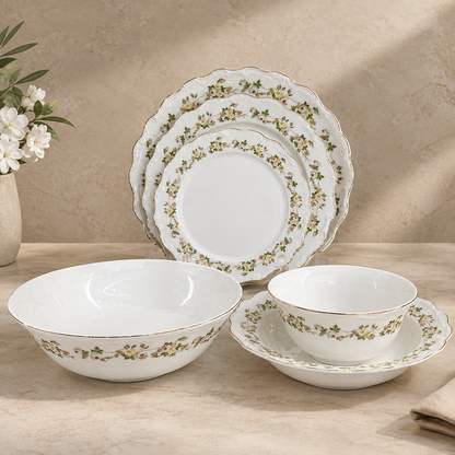 Elegant 26-Piece Porcelain Dinnerware Set – Floral Design with Gold Rim