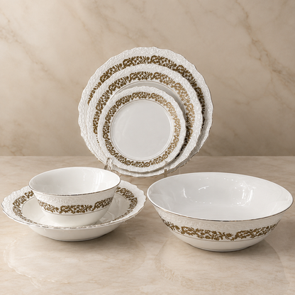 Royal 26-Piece Porcelain Dinnerware Set for 6 Persons – Scalloped Rim with Vintage Gold Filigree Pattern