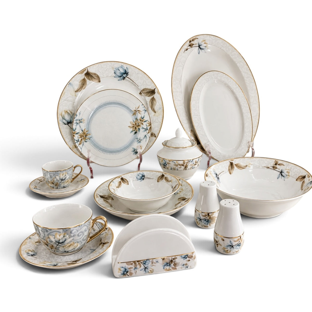 Luxury 57-Piece Porcelain Dinnerware Set for 6 Persons – Blue Botanical Floral Design with Gilded Gold Rim - Mawaeen