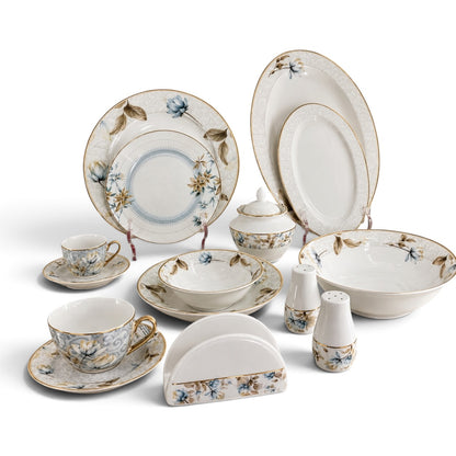Luxury 57-Piece Porcelain Dinnerware Set for 6 Persons – Blue Botanical Floral Design with Gilded Gold Rim - Mawaeen