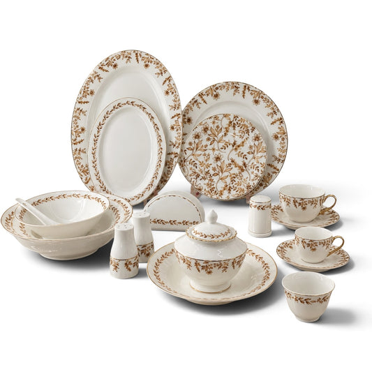Luxury 71-Piece Porcelain Dinnerware Set for 6 Persons – Golden Brown Floral Motif with Gilded Accents - Mawaeen