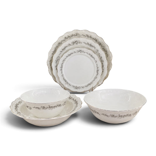 Classic 26-Piece Porcelain Dinnerware Set for 6 Persons – Scalloped Edge with Vintage Silver-Grey Floral Lace Pattern
