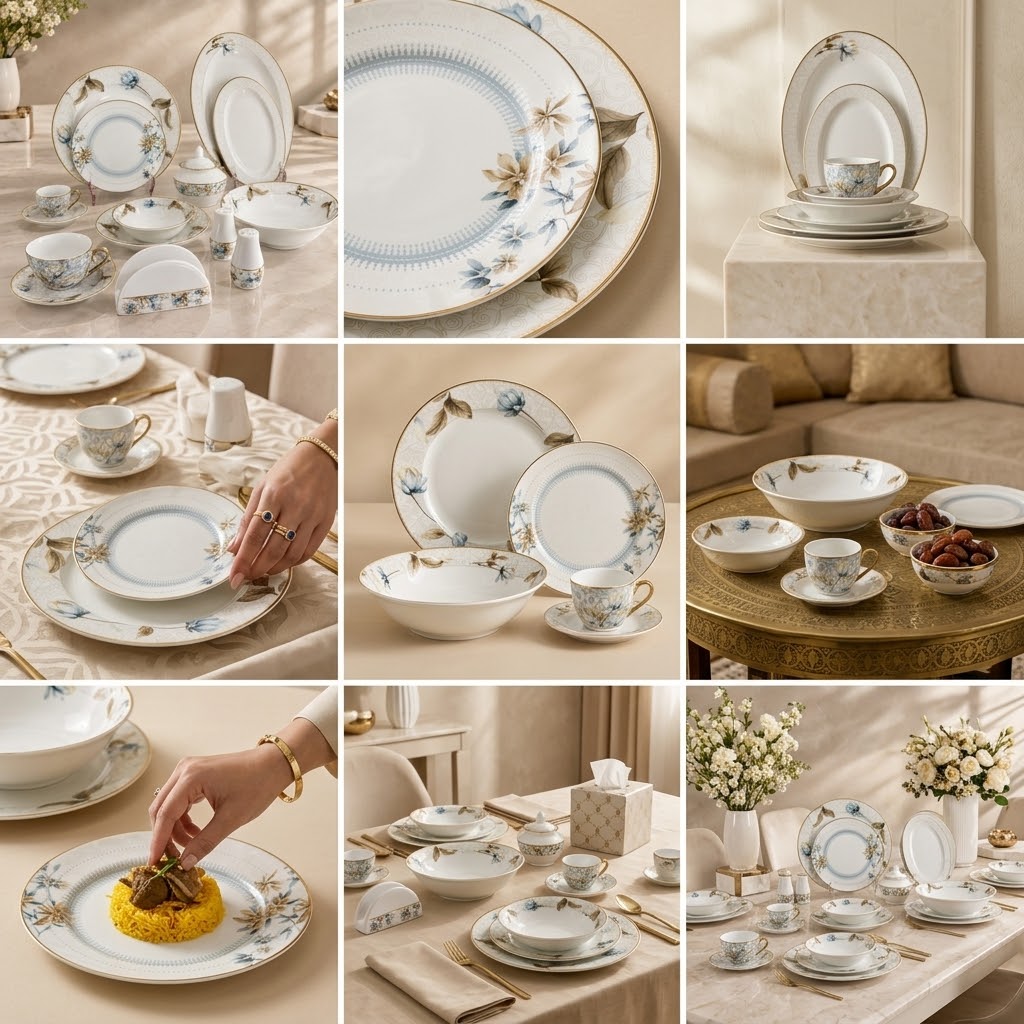 Luxury 57-Piece Porcelain Dinnerware Set for 6 Persons – Blue Botanical Floral Design with Gilded Gold Rim - Mawaeen
