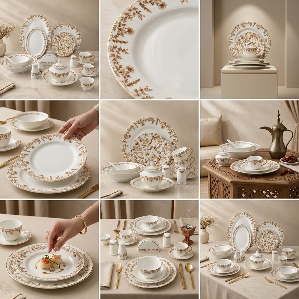 Luxury 71-Piece Porcelain Dinnerware Set for 6 Persons – Golden Brown Floral Motif with Gilded Accents - Mawaeen