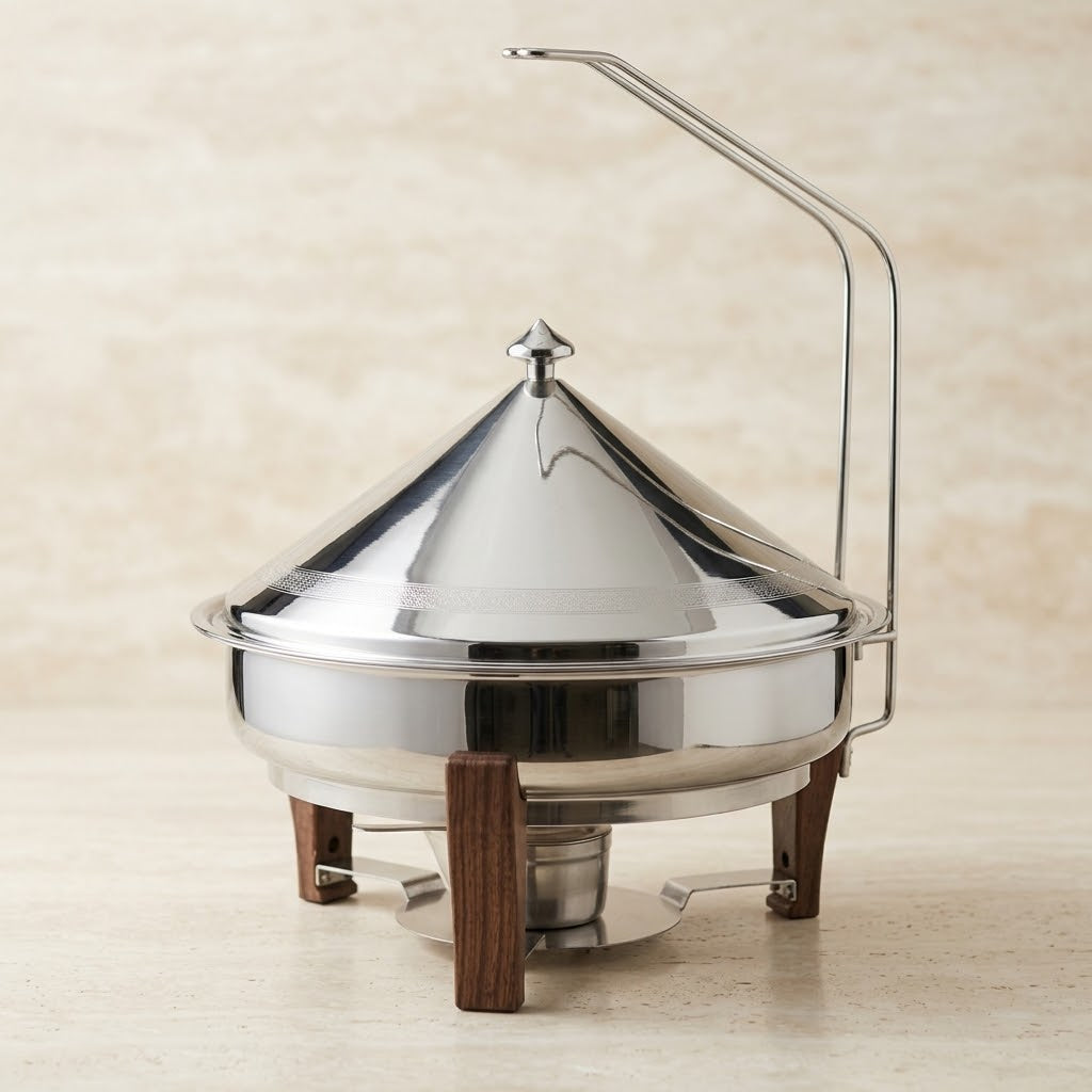 Shadaan Round Stainless Steel Chafing Dish 40 cm – Silver Buffet Food Warmer with Conical Lid & Walnut Wood Accents