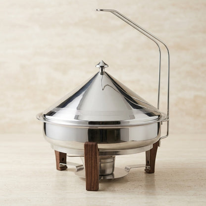 Shadaan Round Stainless Steel Chafing Dish 40 cm – Silver Buffet Food Warmer with Conical Lid & Walnut Wood Accents