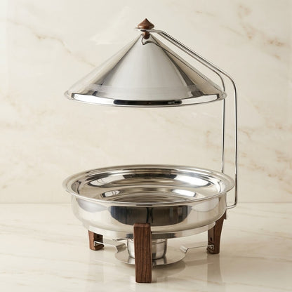 Shadaan Round Stainless Steel Chafing Dish 40 cm – Silver Buffet Food Warmer with Conical Lid & Walnut Wood Accents
