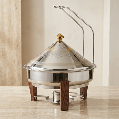 Shadaan Round Stainless Steel Chafing Dish 35 cm – Luxury Buffet Food Warmer with Gold Inlay Conical Lid & Walnut Wood Accents