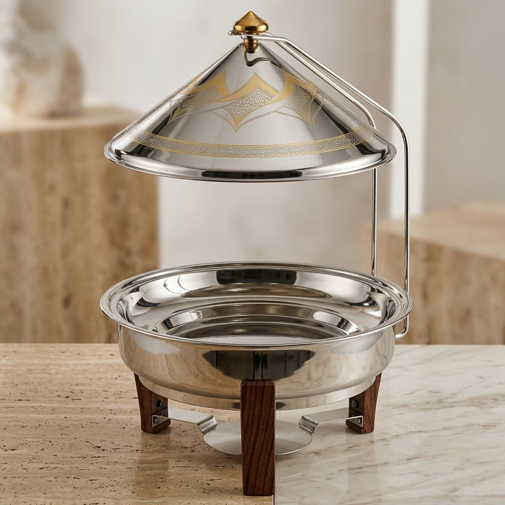 Shadaan Round Stainless Steel Chafing Dish 35 cm – Luxury Buffet Food Warmer with Gold Inlay Conical Lid & Walnut Wood Accents