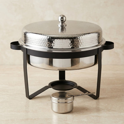 Large Round Stainless Steel Chafing Dish 7L – Premium Banquet Food Warmer with Hammered Dome Lid & Matte Black Stand
