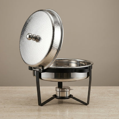 Large Round Stainless Steel Chafing Dish 7L – Premium Banquet Food Warmer with Hammered Dome Lid & Matte Black Stand