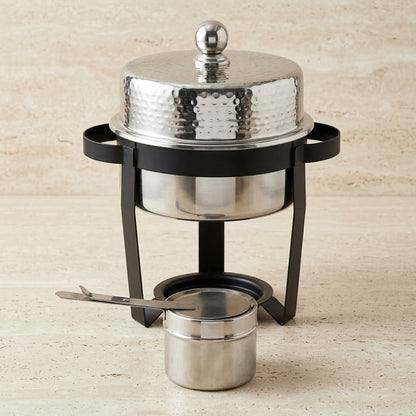 Round Stainless Steel Chafing Dish 2L – Modern Buffet Food Warmer with Hammered Dome Lid & Matte Black Metal Stand