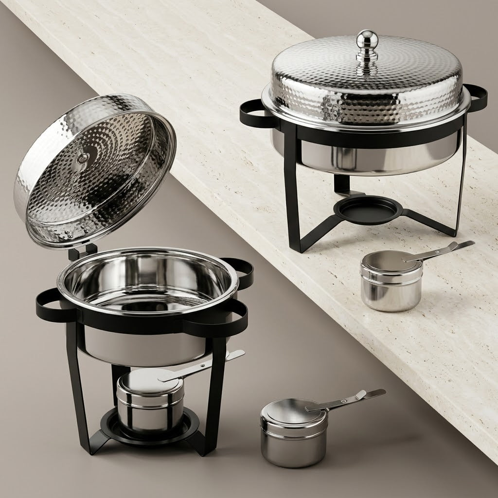 Round Stainless Steel Chafing Dish 2L – Modern Buffet Food Warmer with Hammered Dome Lid & Matte Black Metal Stand