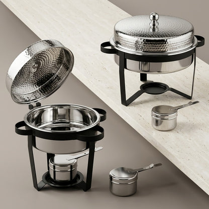 Round Stainless Steel Chafing Dish 2L – Modern Buffet Food Warmer with Hammered Dome Lid & Matte Black Metal Stand