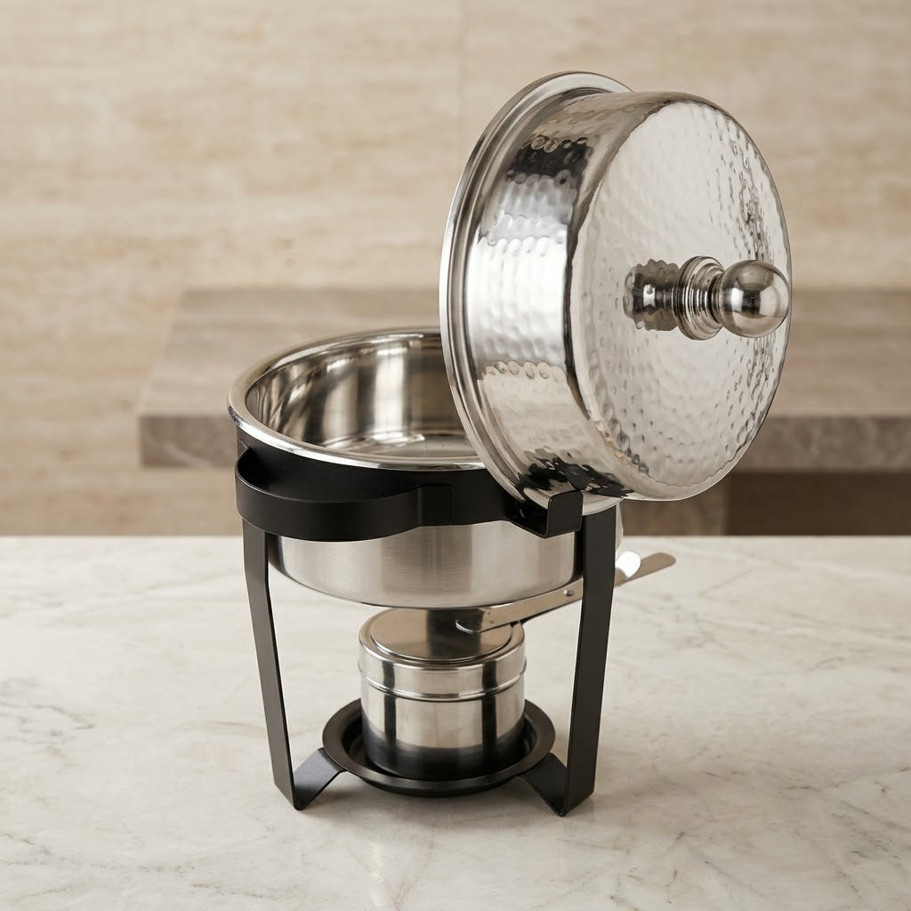 Round Stainless Steel Chafing Dish 2L – Modern Buffet Food Warmer with Hammered Dome Lid & Matte Black Metal Stand