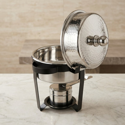 Round Stainless Steel Chafing Dish 2L – Modern Buffet Food Warmer with Hammered Dome Lid & Matte Black Metal Stand