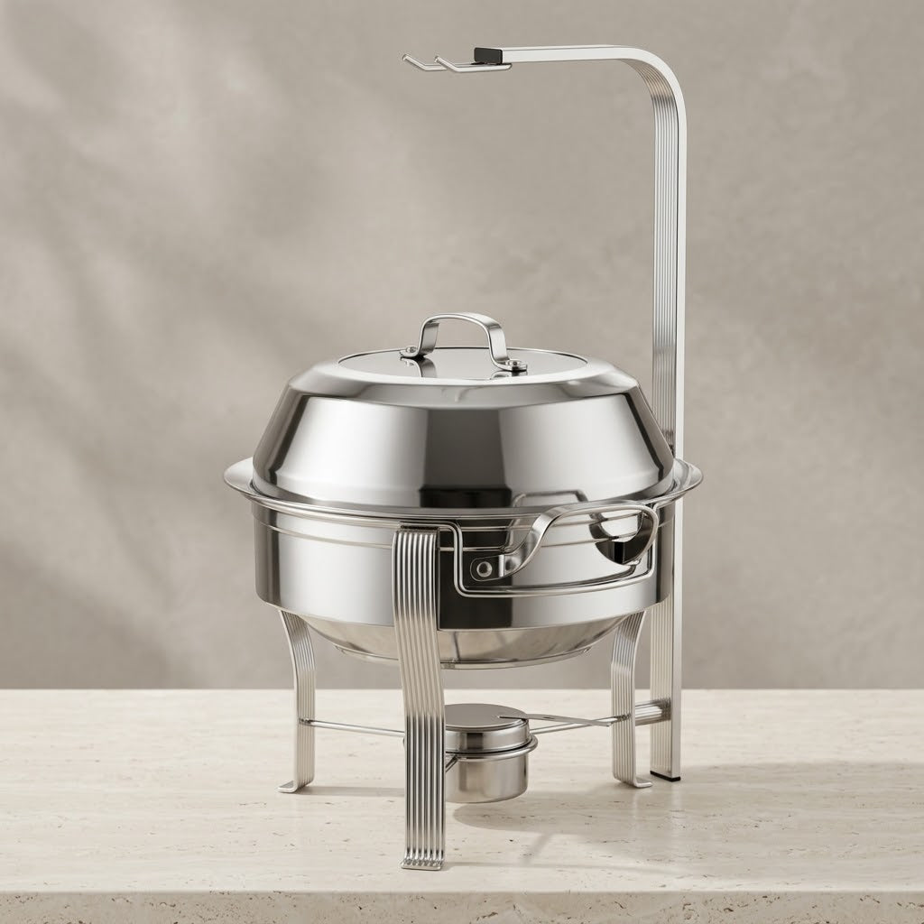 Modern Round Stainless Steel Food Warmer (M) – Silver Buffet Chafing Dish with Suspended Hanging Dome Lid - Mawaeen