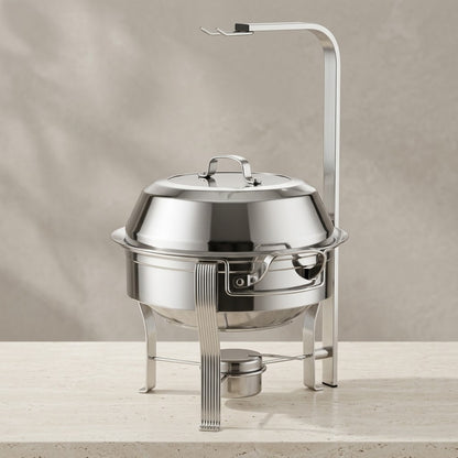 Grand Round Stainless Steel Food Warmer (L) – Luxury Silver Buffet Chafing Dish with Gantry Hanging Dome Lid - Mawaeen