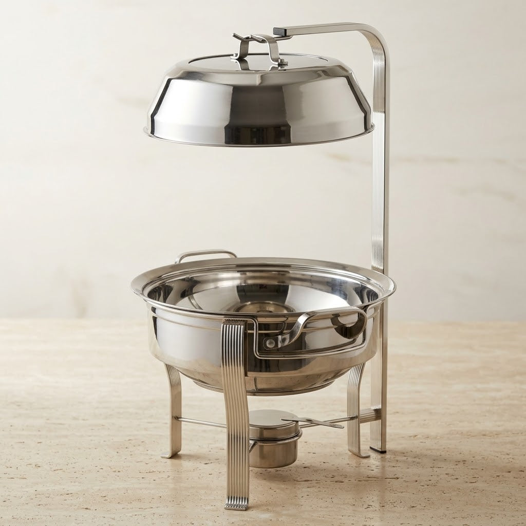 Modern Round Stainless Steel Food Warmer (M) – Silver Buffet Chafing Dish with Suspended Hanging Dome Lid - Mawaeen