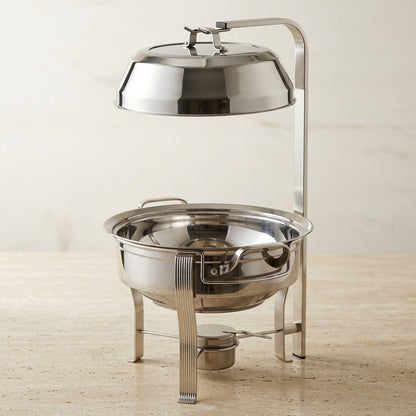 Grand Round Stainless Steel Food Warmer (L) – Luxury Silver Buffet Chafing Dish with Gantry Hanging Dome Lid - Mawaeen