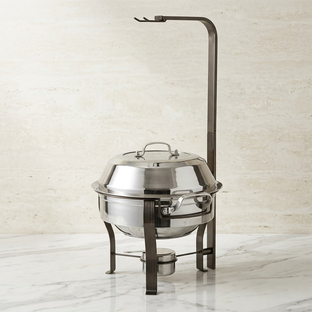 Modern Round Chrome Food Warmer (Medium) – Luxury Mirror-Finish Buffet Chafing Dish with Overhead Hanging Dome Lid - Mawaeen