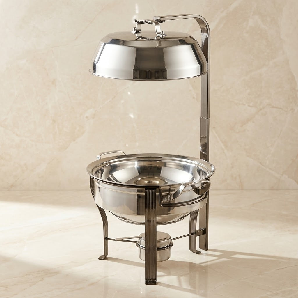 Modern Round Chrome Food Warmer (Medium) – Luxury Mirror-Finish Buffet Chafing Dish with Overhead Hanging Dome Lid - Mawaeen