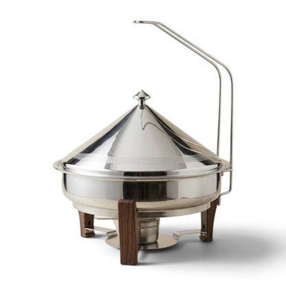 Shadaan Round Stainless Steel Chafing Dish 40 cm – Silver Buffet Food Warmer with Conical Lid & Walnut Wood Accents