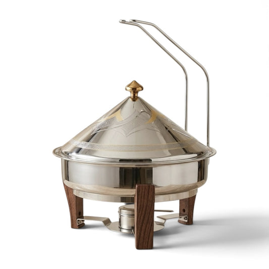 Shadaan Jumbo Round Stainless Steel Chafing Dish 50 cm – Royal Grand Banquet Food Warmer with Gold Motif Conical Lid