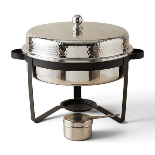 Large Round Stainless Steel Chafing Dish 7L – Premium Banquet Food Warmer with Hammered Dome Lid & Matte Black Stand