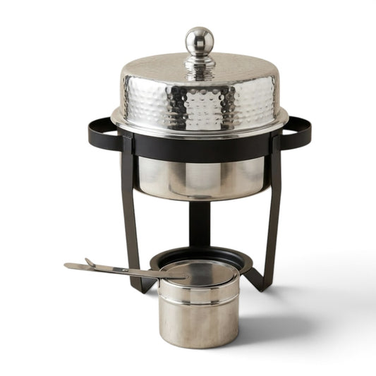 Round Stainless Steel Chafing Dish 2L – Modern Buffet Food Warmer with Hammered Dome Lid & Matte Black Metal Stand
