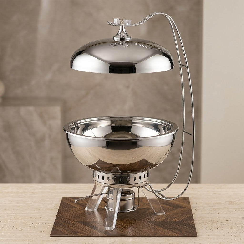 Modern Luxury Round Chafing Dish 7.5L – Mirror-Polished Silver Food Warmer with Clear Acrylic Legs & Suspended Dome Lid