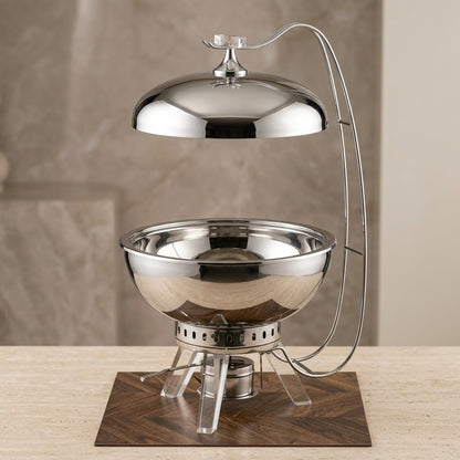 Modern Luxury Round Chafing Dish 7.5L – Mirror-Polished Silver Food Warmer with Clear Acrylic Legs & Suspended Dome Lid