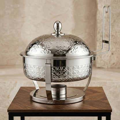 Serene Round Stainless Steel Chafing Dish 8L – Luxury Silver Banquet Food Warmer with Embossed Floral Dome & Upright Lid Stand