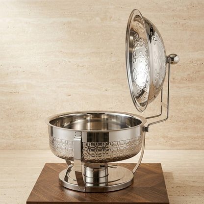Serene Round Stainless Steel Chafing Dish 8L – Luxury Silver Banquet Food Warmer with Embossed Floral Dome & Upright Lid Stand