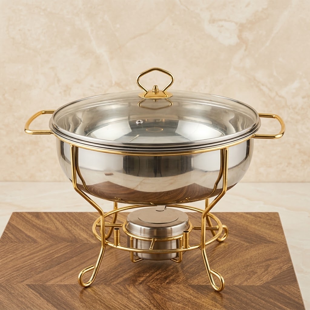 Serene Round Stainless Steel Chafing Dish 4L – Luxury Food Warmer with Clear Glass Lid & Gold Wire Stand - Mawaeen