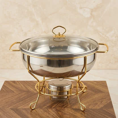 Serene Round Stainless Steel Chafing Dish 4L – Luxury Food Warmer with Clear Glass Lid & Gold Wire Stand - Mawaeen