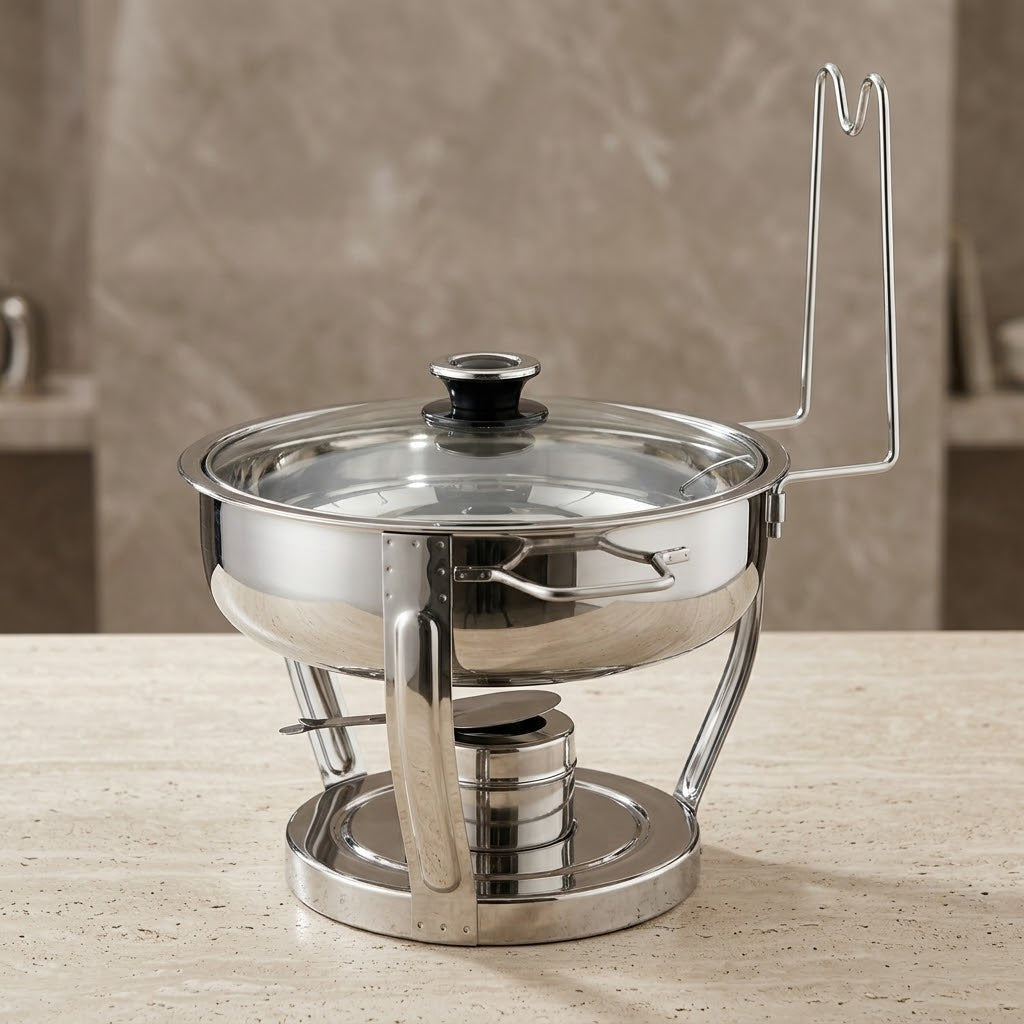 Round Stainless Steel Chafing Dish 4L with Glass Viewing Lid – Silver Buffet Food Warmer with Upright Lid-Rest Bracket & Circular Base - Mawaeen