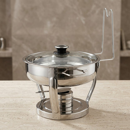 Round Stainless Steel Chafing Dish 4L with Glass Viewing Lid – Silver Buffet Food Warmer with Upright Lid-Rest Bracket & Circular Base - Mawaeen