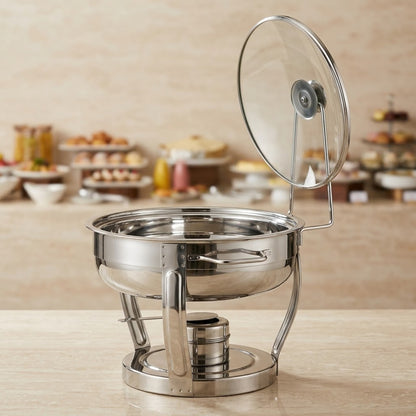 Round Stainless Steel Chafing Dish 4L with Glass Viewing Lid – Silver Buffet Food Warmer with Upright Lid-Rest Bracket & Circular Base - Mawaeen