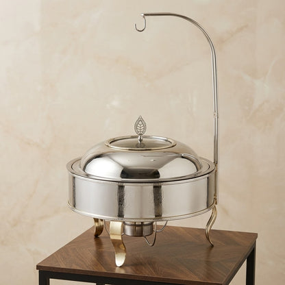 Luxury Round Stainless Steel Chafing Dish 8L – Silver Buffet Food Warmer with Clear Glass Viewing Window, Suspended Dome Lid & Textured Basin
